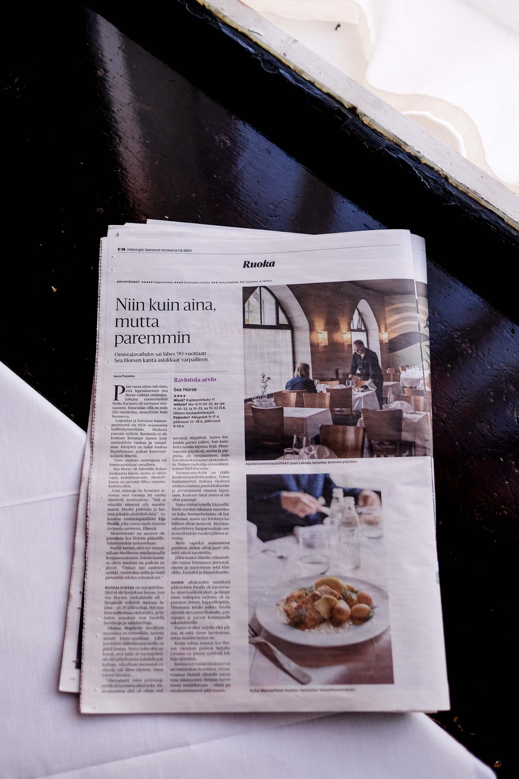 article on restaurant Sea Horse in Helsingin Sanomat